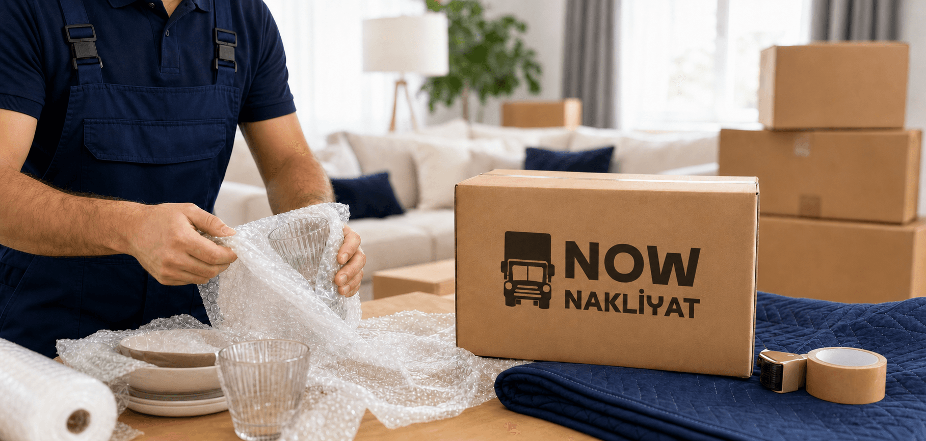 Profesyonel paketleme sırasında kırılacak eşyalar koruma malzemesiyle sarılırken